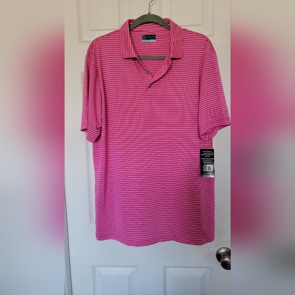 PGA Golf Polo - Men's LG (Pink/White Stripe)